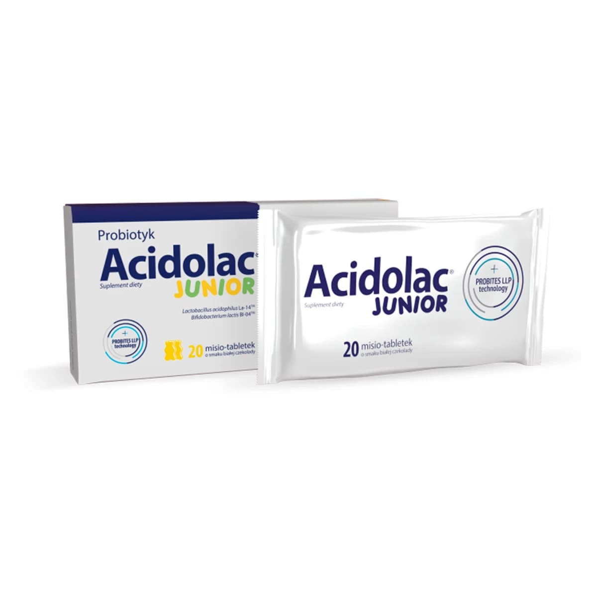 Acidolac Junior o smaku białej czekolady 20 misio-tabletek