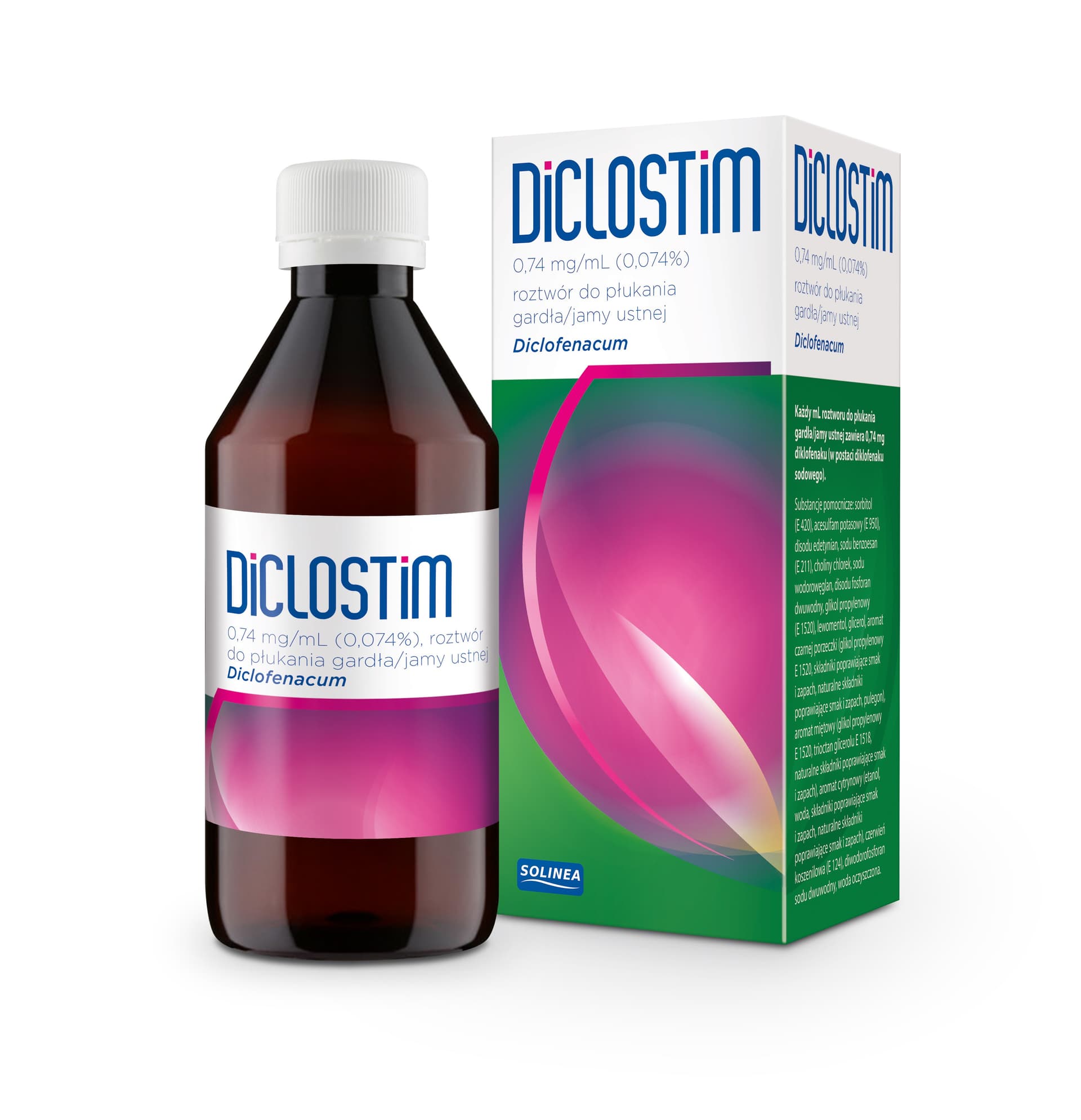 Diclostim 0,74 mg/ml roztwór do płukania jamy ustnej i gardła 150 ml