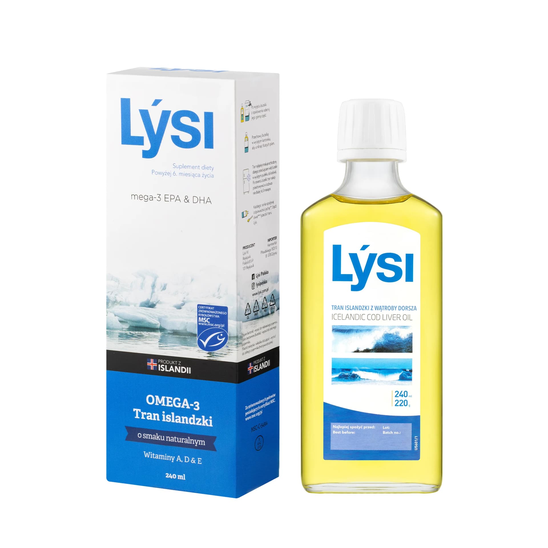 Lýsi Omega-3 Tran islandzki o smaku naturalnym 240 ml