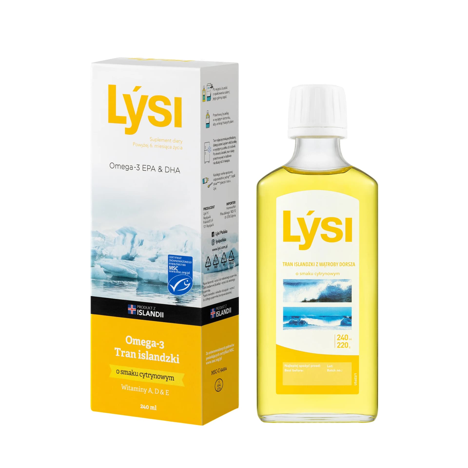 Lýsi Omega-3 Tran islandzki o smaku cytrynowym 240 ml
