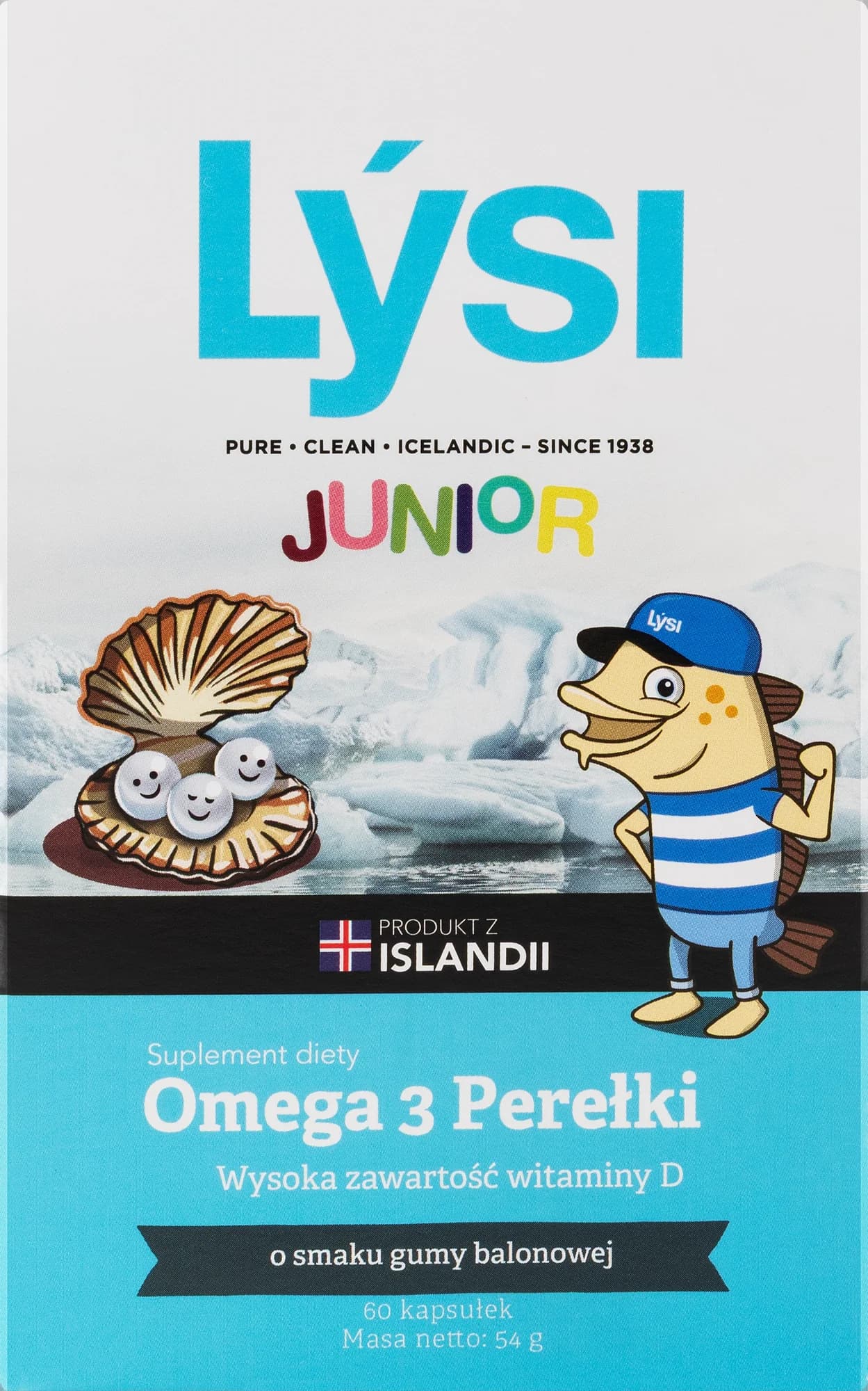 Lýsi Junior Omega-3 perełki o smaku gumy balonowej 60 kapsułek
