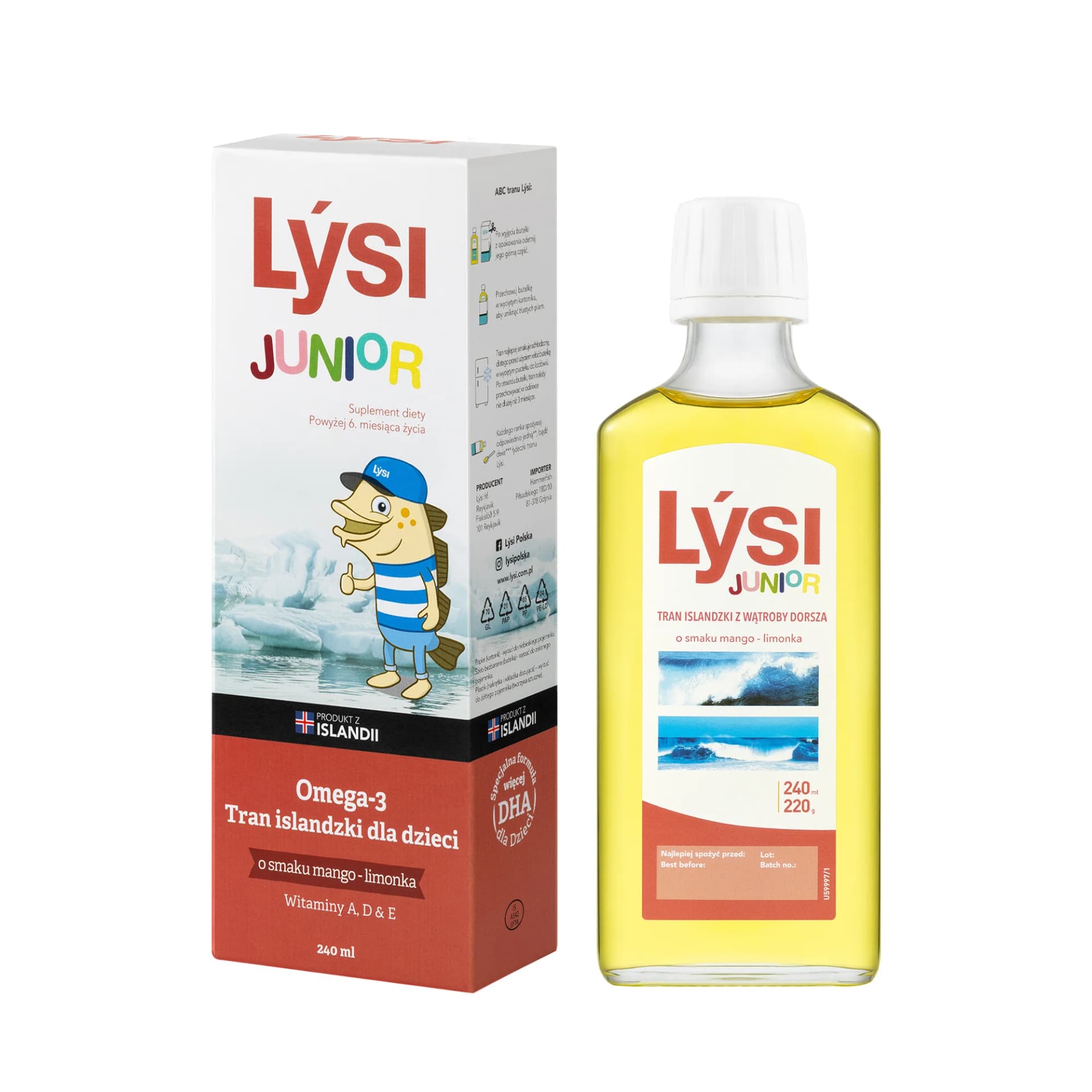 Lýsi Junior Omega-3 Tran islandzki dla dzieci o smaku mango-limonka 240 ml
