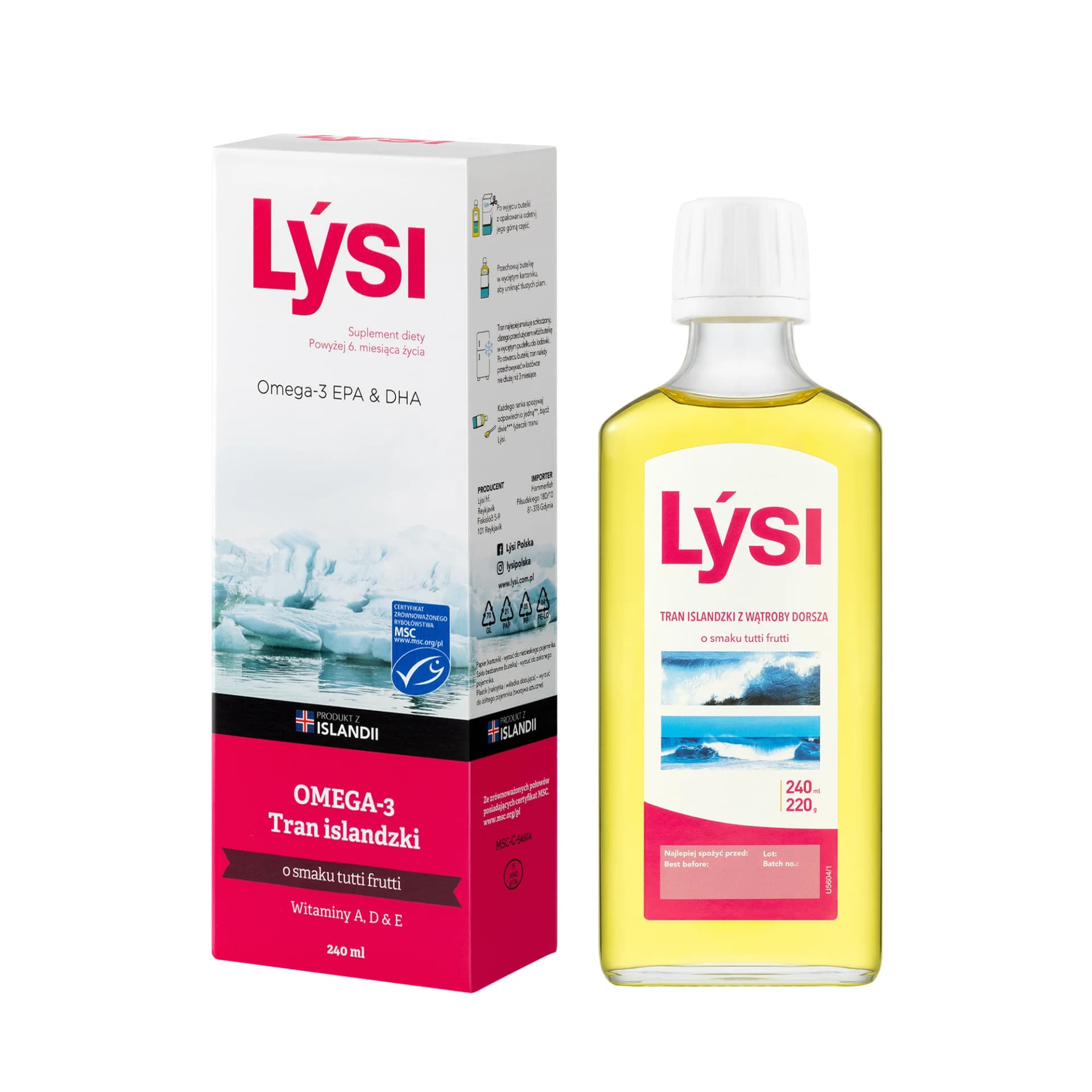 Lýsi Omega-3 Tran islandzki o smaku tutti frutti 240 ml