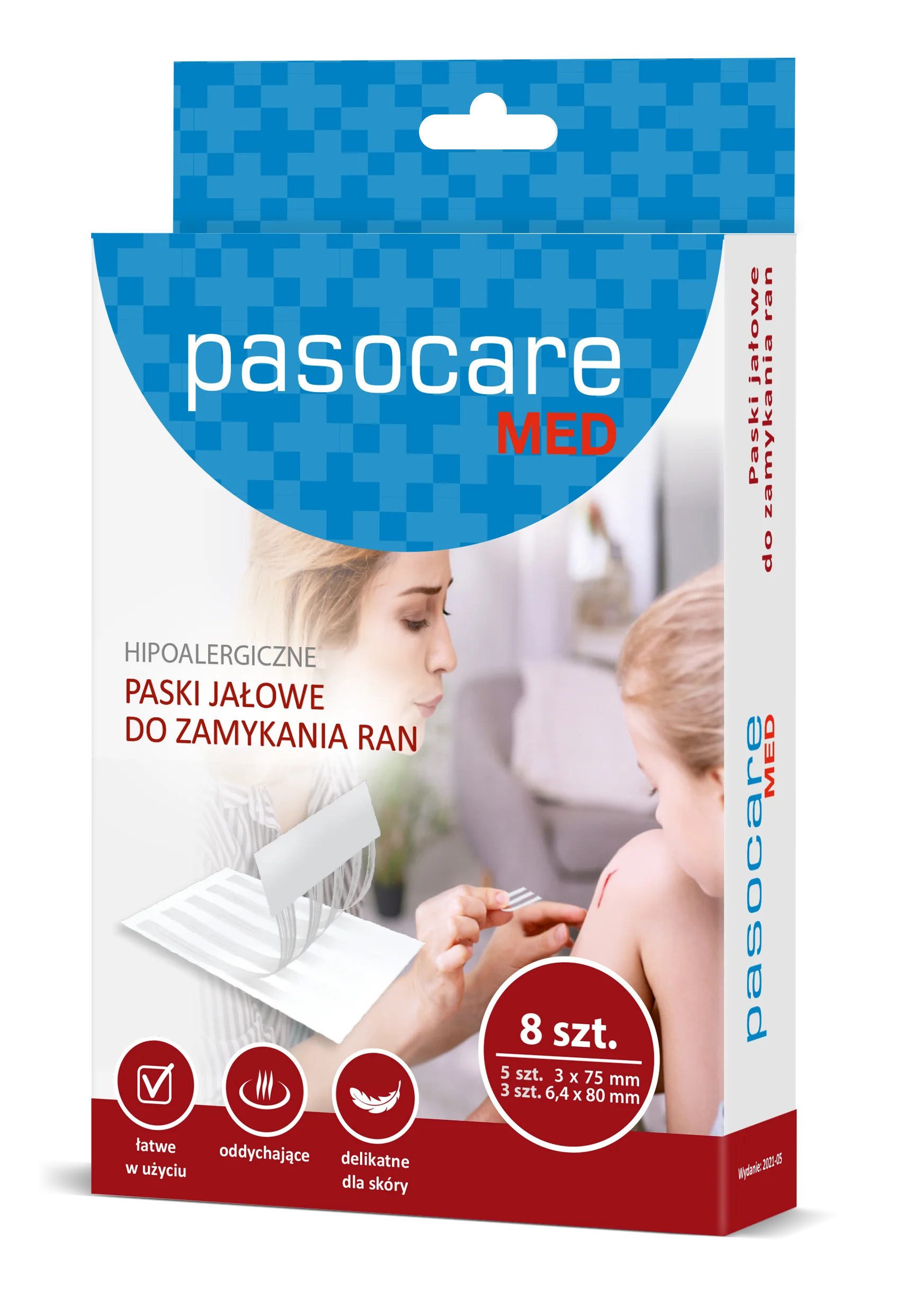 PASOCARE MED. Hipoalergiczne paski do zamykania ran 3 x 75 mm i 6,4 x 80 mm, 8 szt.