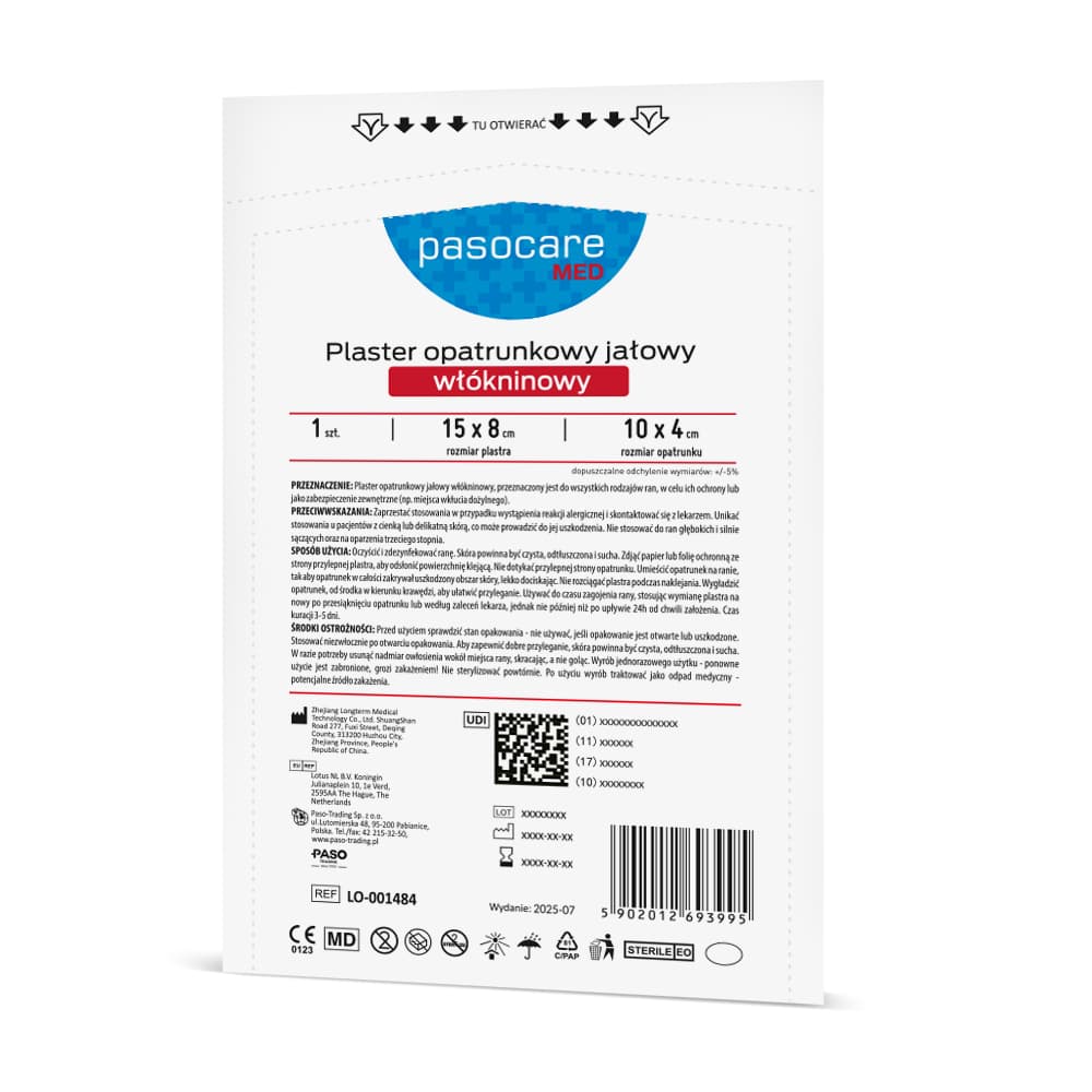 PASOCARE MED Plaster opatrunkowy jałowy włókninowy 15 cm x 8 cm (25 szt.)