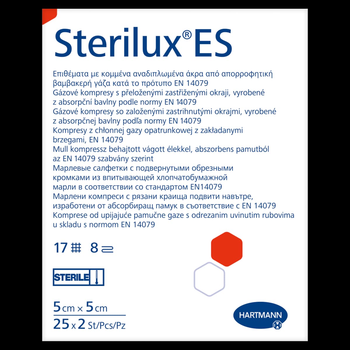 Sterilux ES Kompresy z chłonnej gazy opatrunkowej z zakładanymi brzegami 5 cm x 5 cm 25 x 2 sztuki