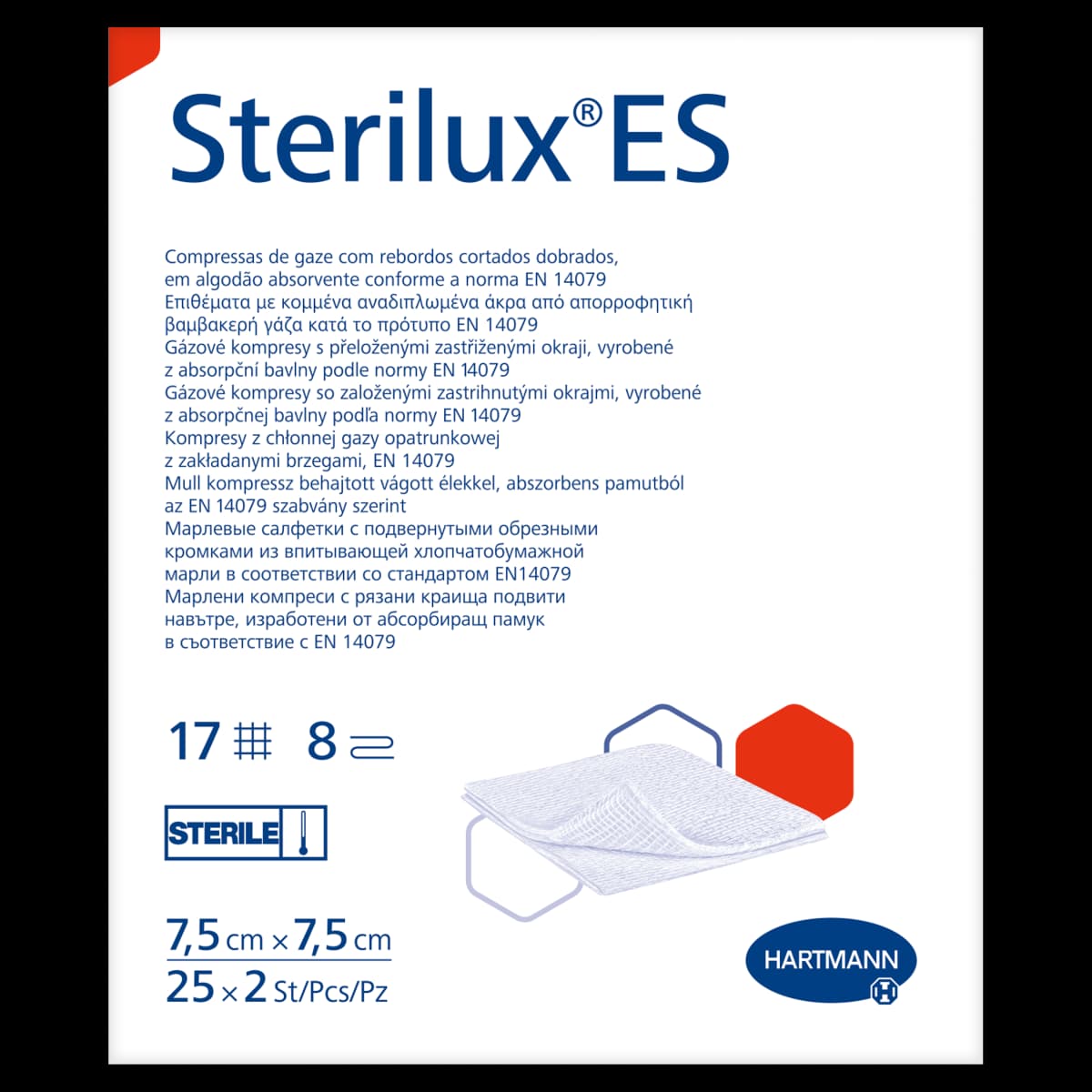 Sterilux ES Kompresy z chłonnej gazy opatrunkowej 7,5 cm x 7,5 cm 25 x 2 sztuki