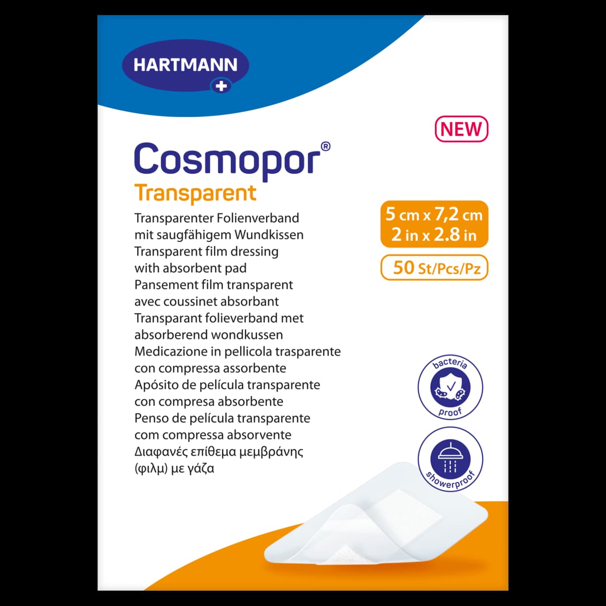Cosmopor Transparent Przezroczysty opatrunek foliowy z warstwą chłonną 5 cm x 7,2 cm 50 sztuk