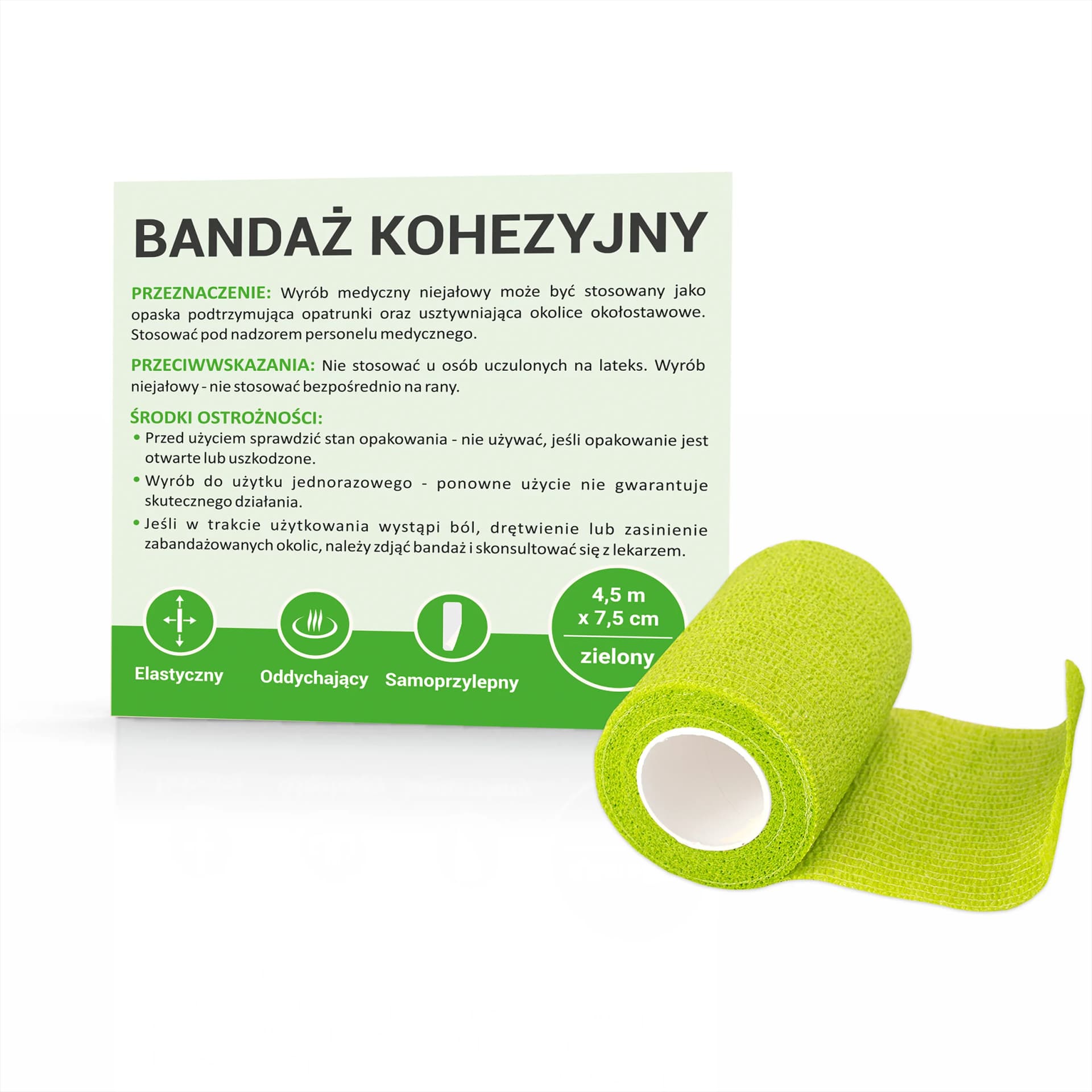 Bandaż kohezyjny zielony 4,5 m x 7,5 cm