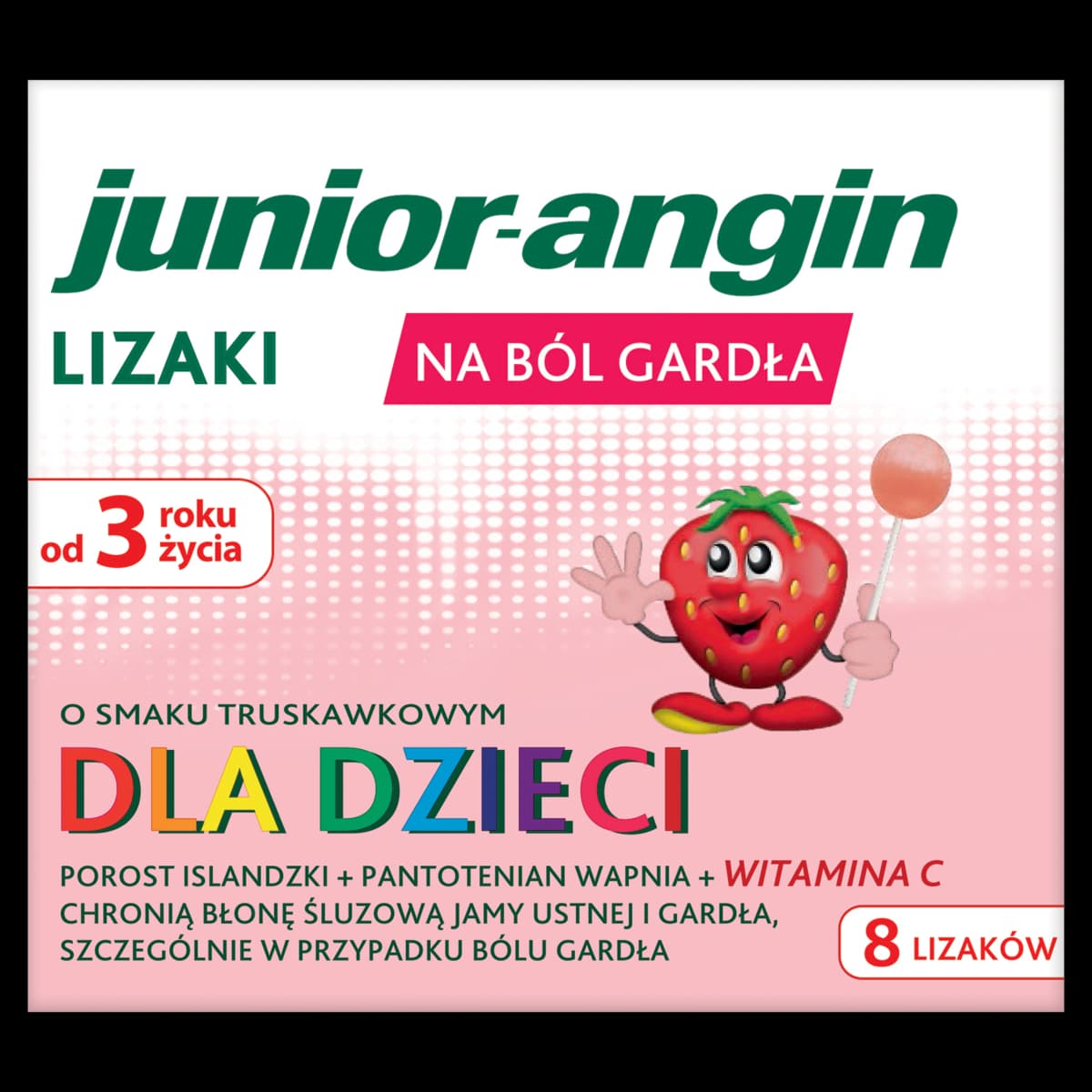 Junior-angin lizaki na ból gardła o smaku truskawkowym 8 sztuk