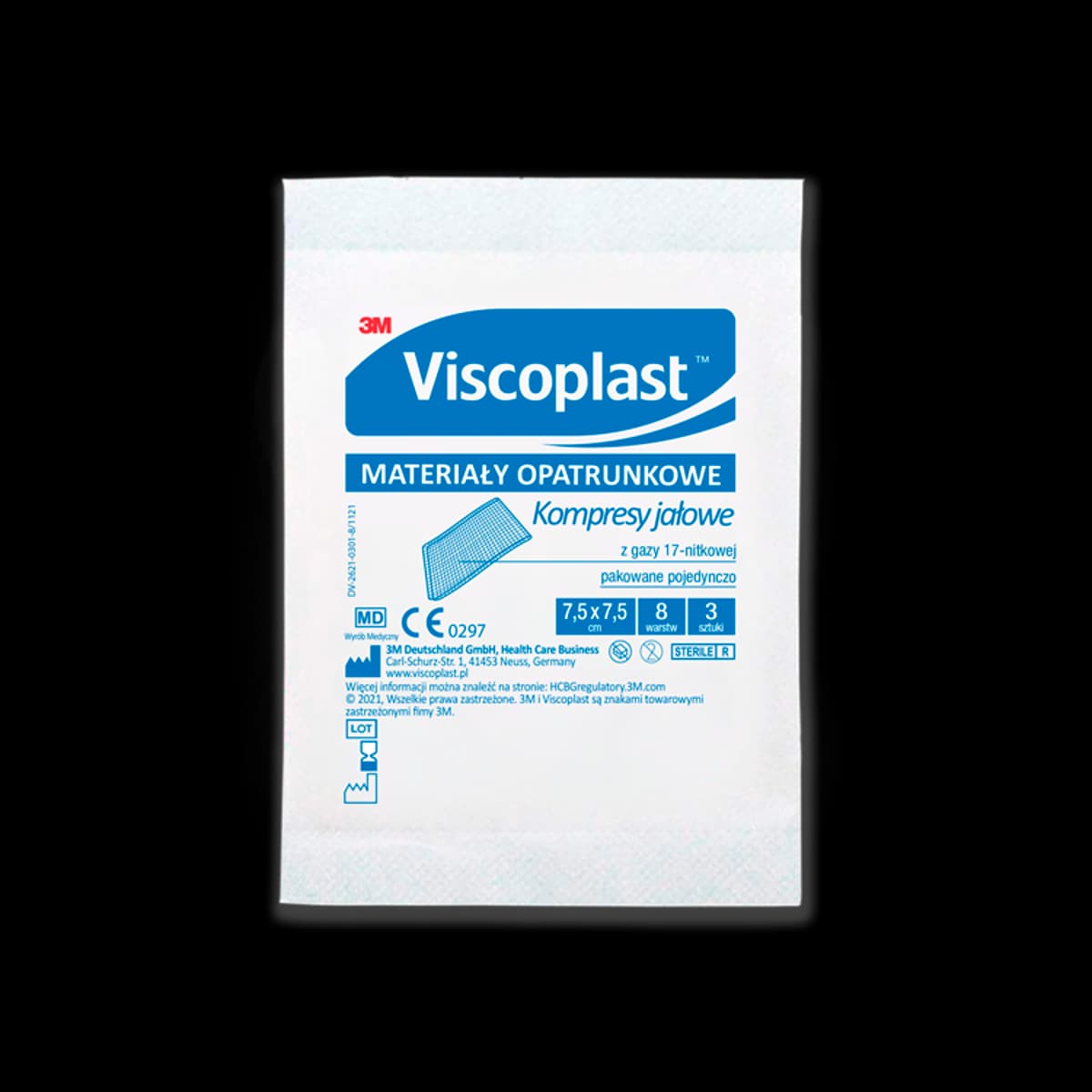 Viscoplast Jałowe kompresy gazowe z gazy bawełnianej 17-nitkowe 8 warstw 7,5 cm x 7,5 cm 3 sztuki