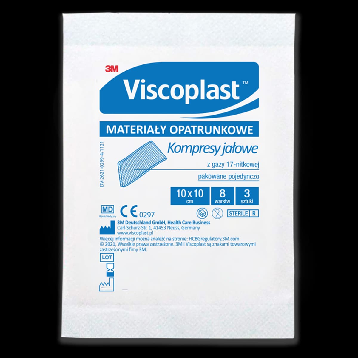 Viscoplast Kompresy jałowe gazowe z gazy bawełnianej 17-nitkowe 8 warstw 10 cm x 10 cm 3 sztuki