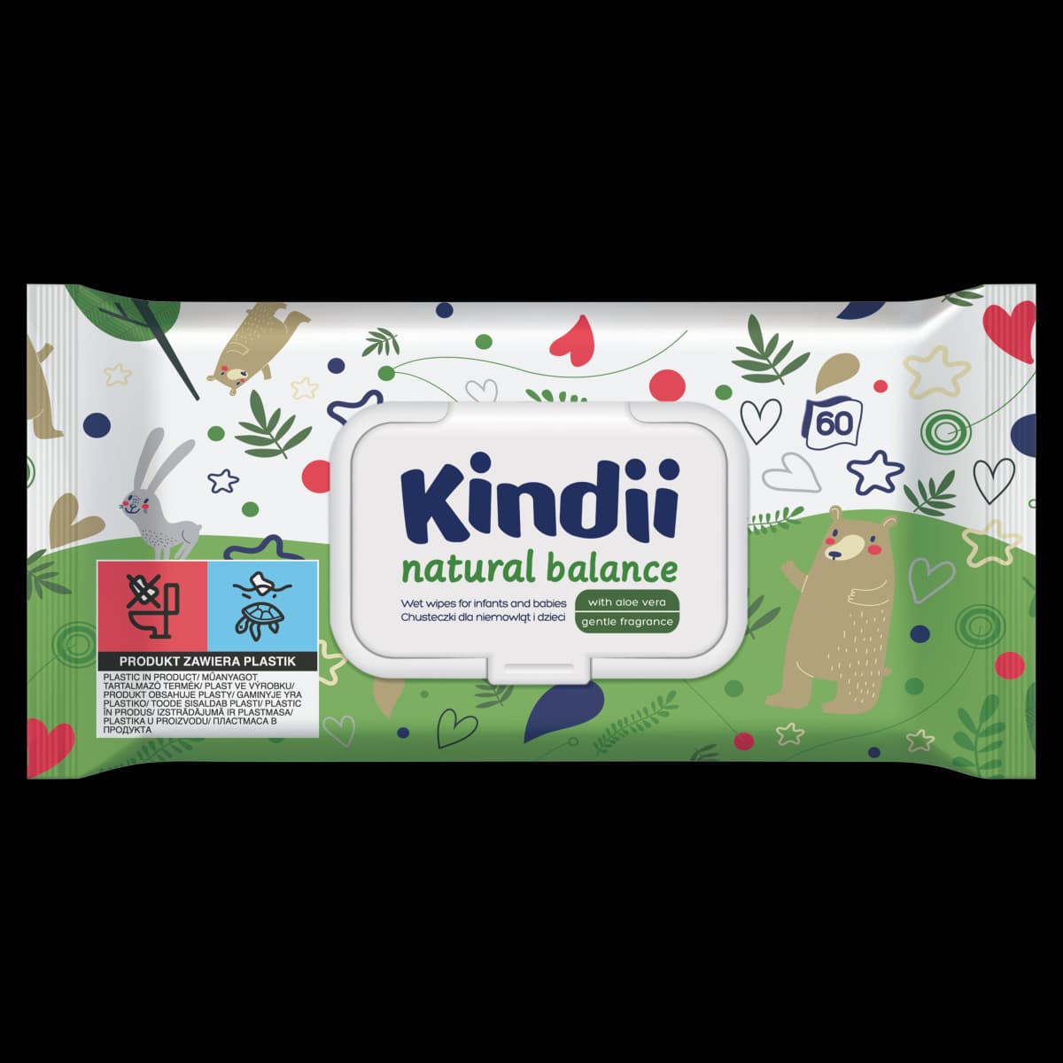 Kindii Natural Balance chusteczki dla niemowląt i dzieci 60 sztuk