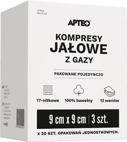 Kompresy jałowe z gazy APTEO 9 cm x 9 cm 20 sztuk