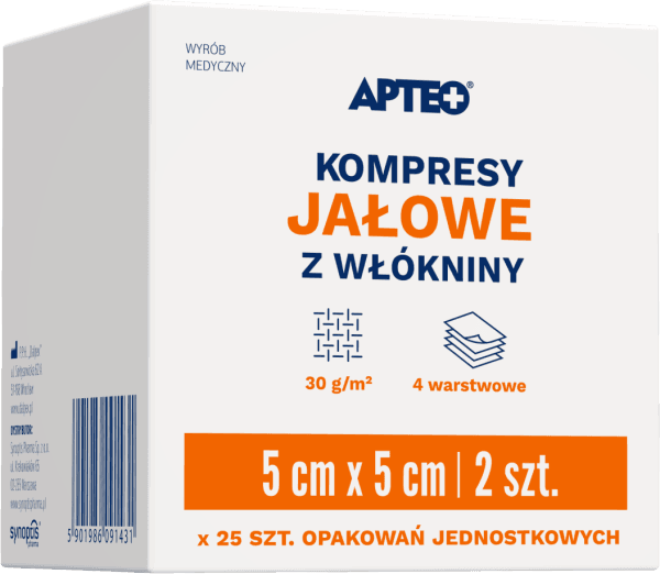 Kompresy jałowe z włókniny APTEO 5 cm x 5 cm 25 sztuk