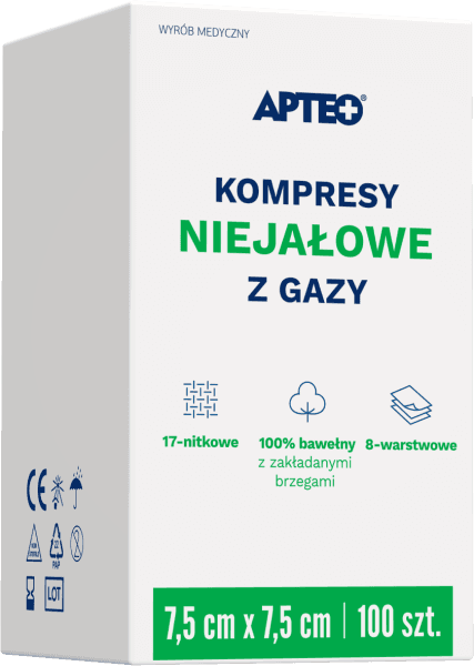 Kompresy niejałowe z gazy APTEO 7,5 cm x 7,5 cm 100 sztuk