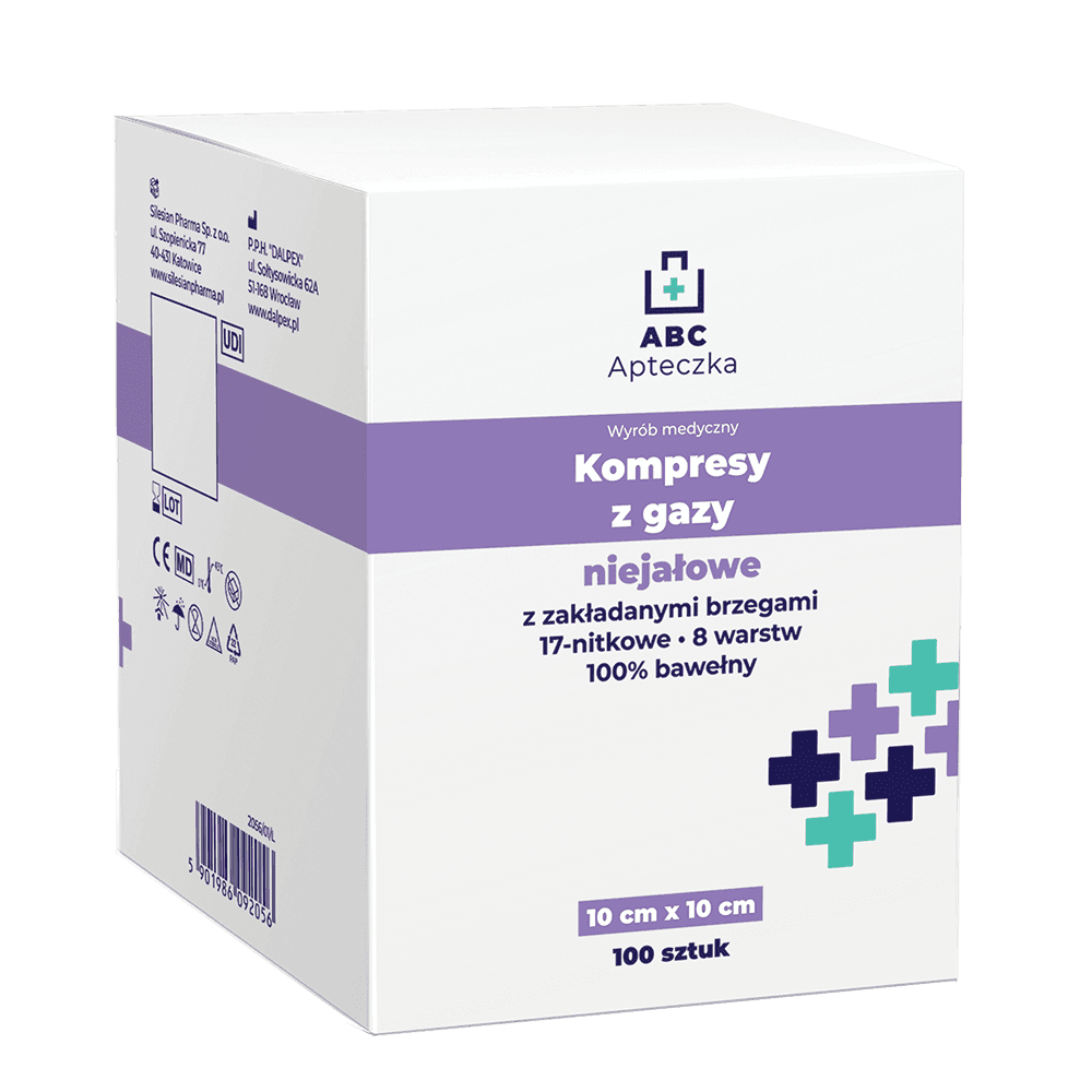 Apteczka ABC Kompresy niejałowe z gazy 17 nitkowe 8 warstwowe 7,5 x 7,5 cm 100 szt.