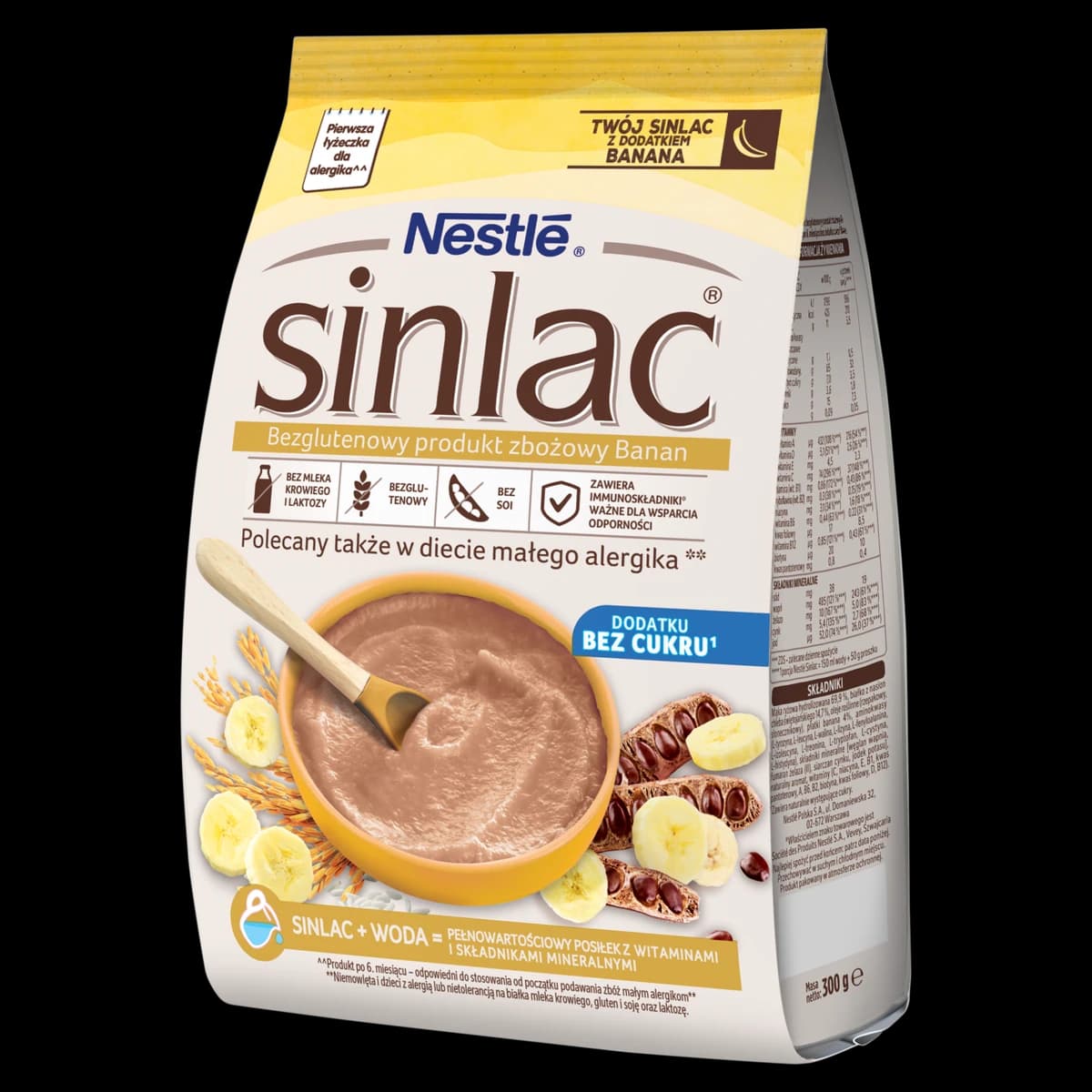 Nestlé Sinlac Bezglutenowy produkt zbożowy banan bez dodatku cukru po 6. miesiącu 300 g